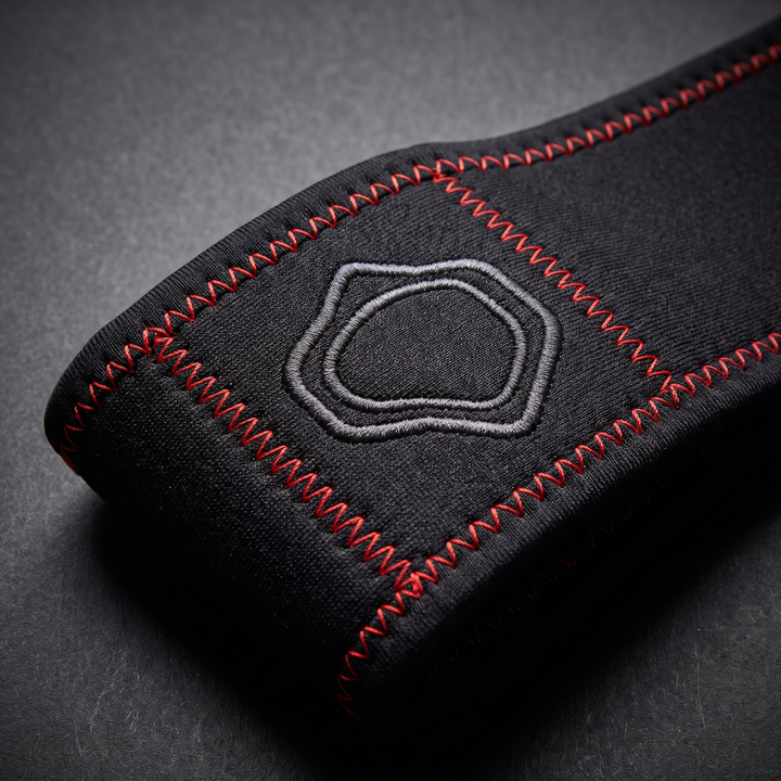 Close-up of stitching detail on knee support strap