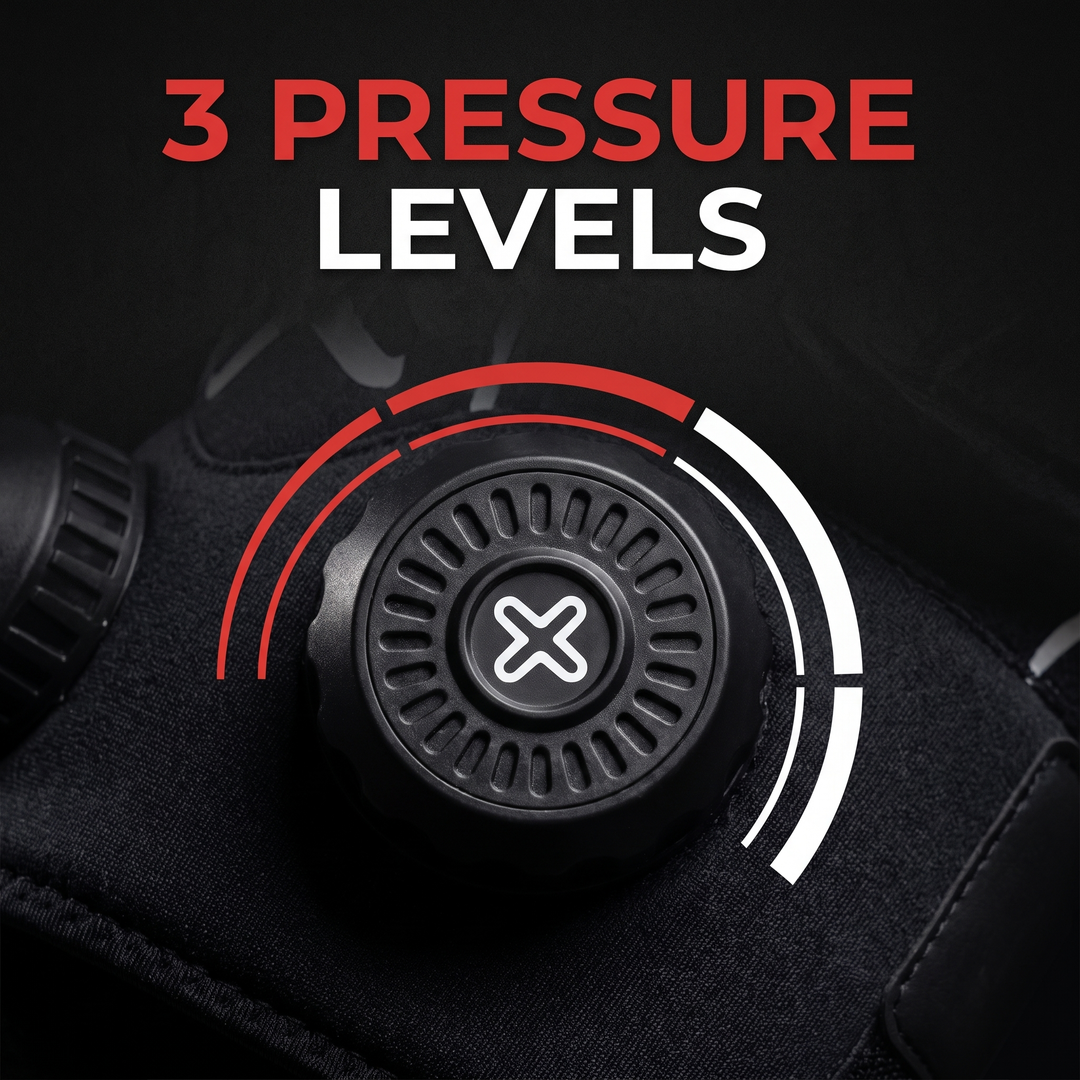 3 adjustable pressure levels feature callout for the knee recovery wrap
