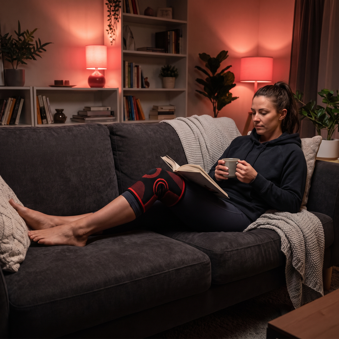 Relaxing at home wearing the knee recovery wrap for post-workout recovery