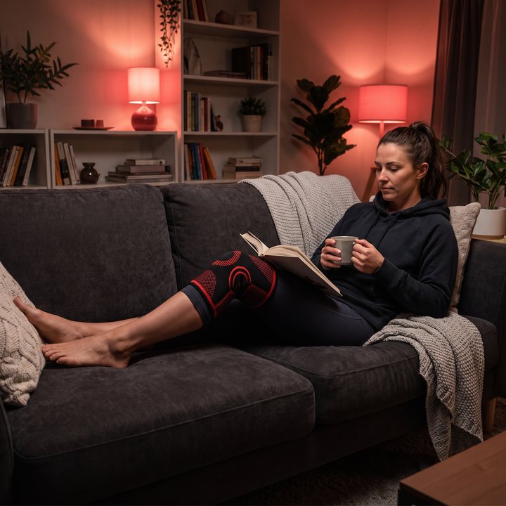 Relaxing at home wearing the knee recovery wrap for post-workout recovery