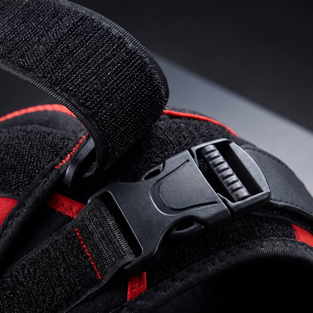 Close-up of adjustable straps on the knee recovery wrap
