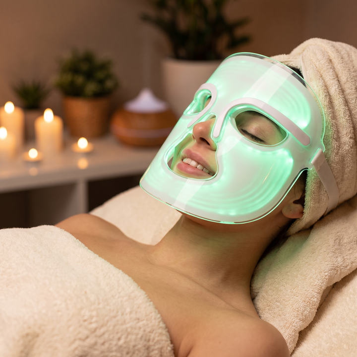 Close-up of the PHYSIOATHLETX LED Face &amp; Neck Light Therapy Mask in green light mode