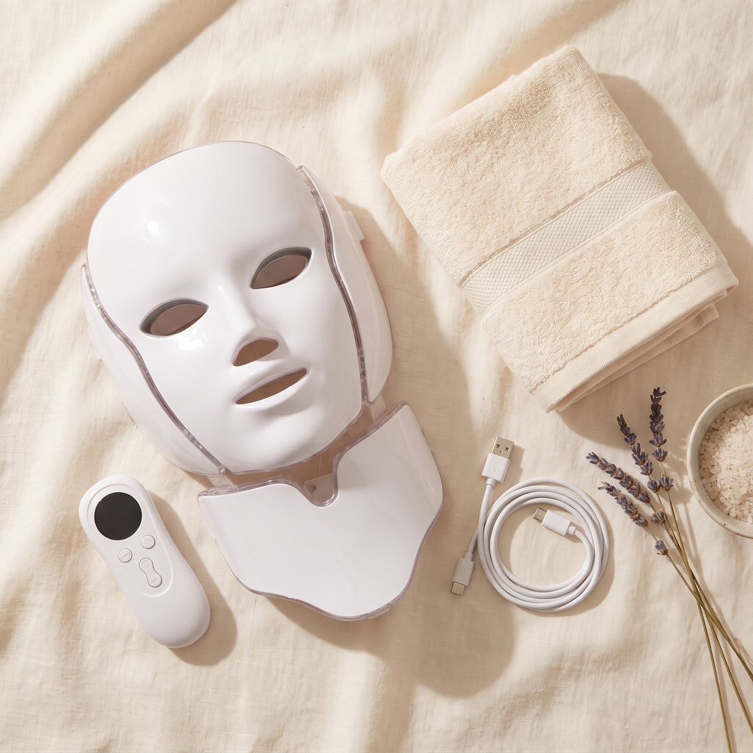 PHYSIOATHLETX LED Face &amp; Neck Light Therapy Mask flat lay with controller and USB cable