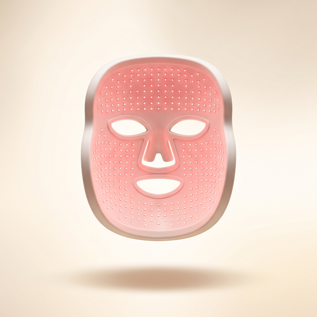 PHYSIOATHLETX LED Face & Neck Light Therapy Mask - front view hero shot with red light mode