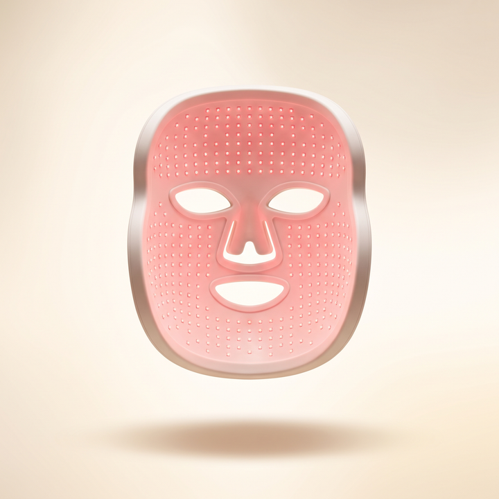 PHYSIOATHLETX LED Face &amp; Neck Light Therapy Mask - front view hero shot with red light mode