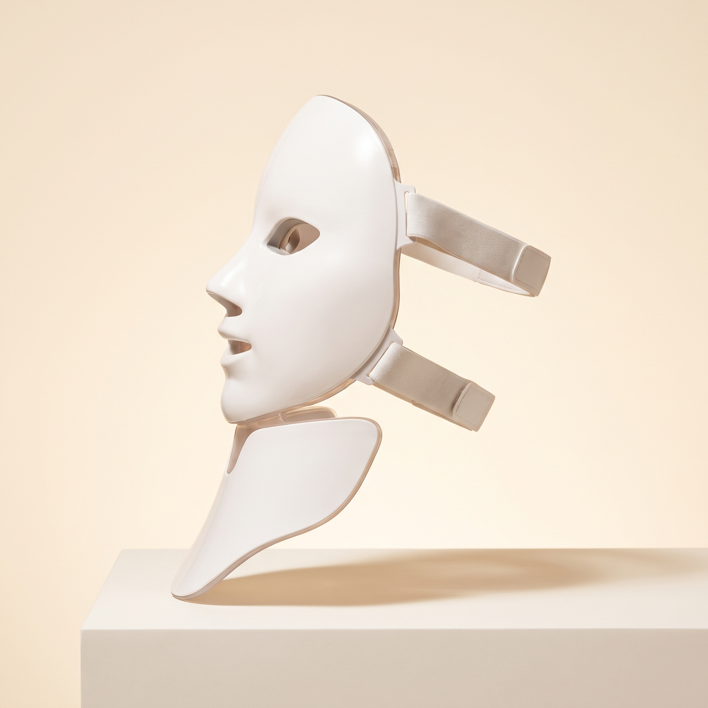 PHYSIOATHLETX LED Face & Neck Light Therapy Mask - three-quarter view showing adjustable straps and neck coverage
