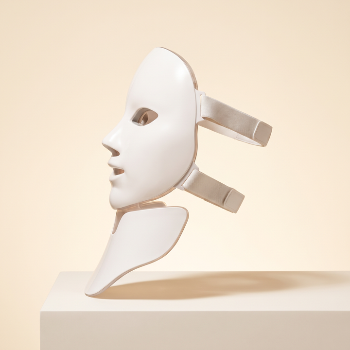PHYSIOATHLETX LED Face &amp; Neck Light Therapy Mask - three-quarter view showing adjustable straps and neck coverage