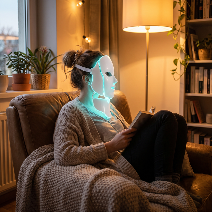 Woman relaxing in a reading chair wearing the PHYSIOATHLETX LED Face &amp; Neck Light Therapy Mask, cyan light mode