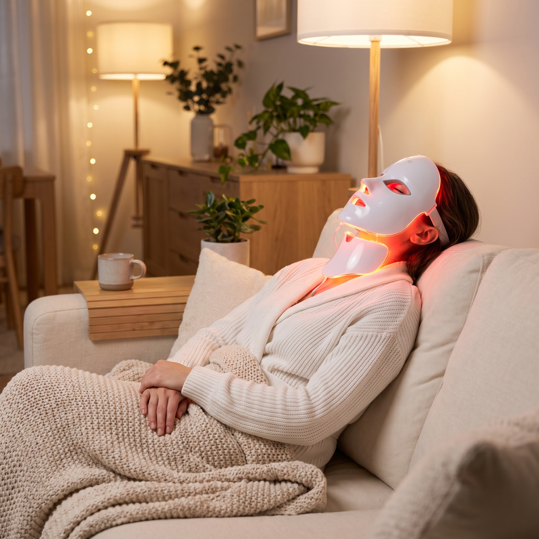 Woman relaxing on a sofa wearing the PHYSIOATHLETX LED Face &amp; Neck Light Therapy Mask, red light mode glowing