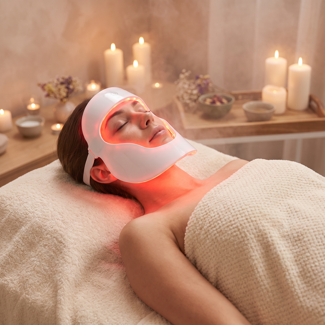 Woman relaxing on a spa bed wearing the PHYSIOATHLETX LED Face &amp; Neck Light Therapy Mask, red light mode