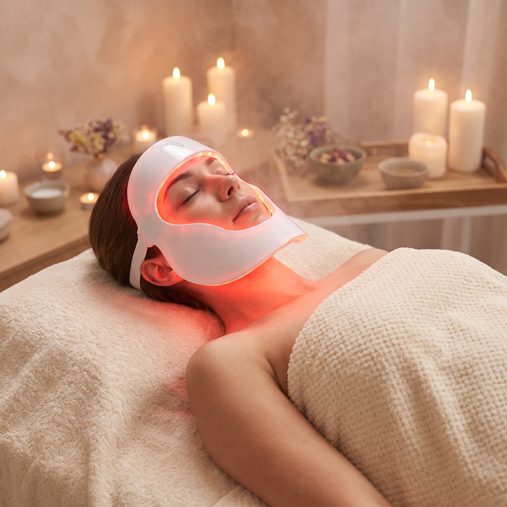Woman relaxing on a spa bed wearing the PHYSIOATHLETX LED Face &amp; Neck Light Therapy Mask, red light mode