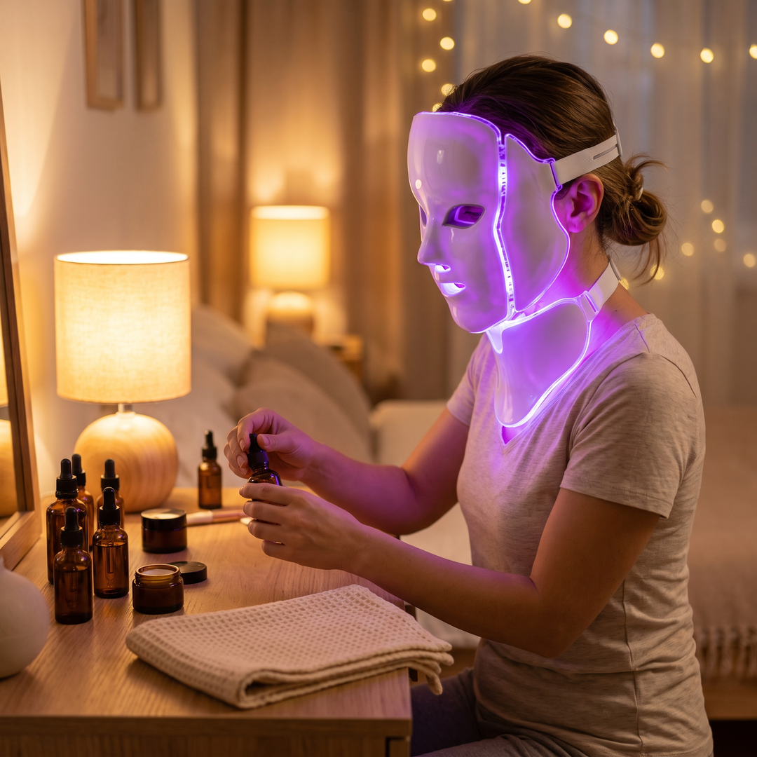 Woman at a vanity table using the PHYSIOATHLETX LED Face &amp; Neck Light Therapy Mask, purple light mode, evening skincare ritual