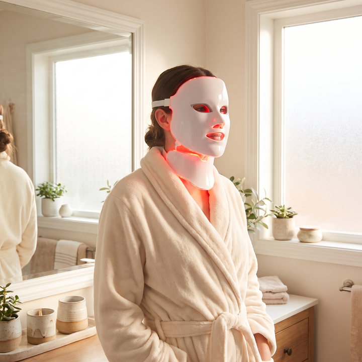 Woman wearing PHYSIOATHLETX LED Face &amp; Neck Light Therapy Mask during an at-home facial skincare routine