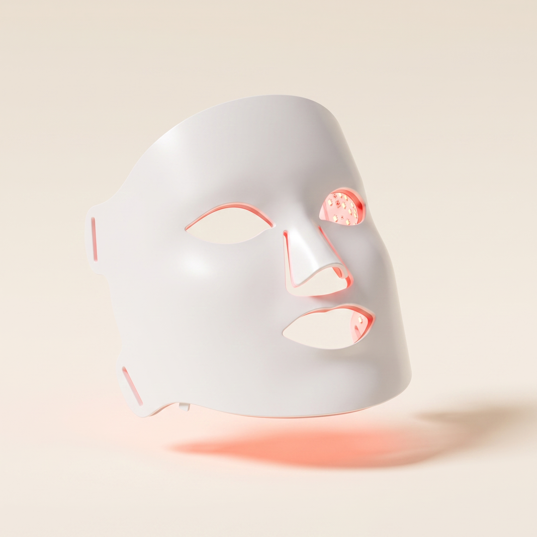 Professional LED Face &amp; Neck Light Therapy Mask - 3/4 angle view of mask-only configuration, warm red LED glow