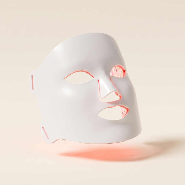Professional LED Face &amp; Neck Light Therapy Mask - 3/4 angle view of mask-only configuration, warm red LED glow