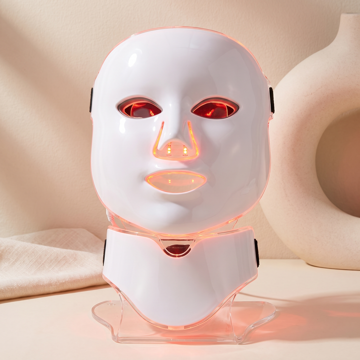 Professional LED Face &amp; Neck Light Therapy Mask with neck attachment - front hero view showing full face and neck coverage