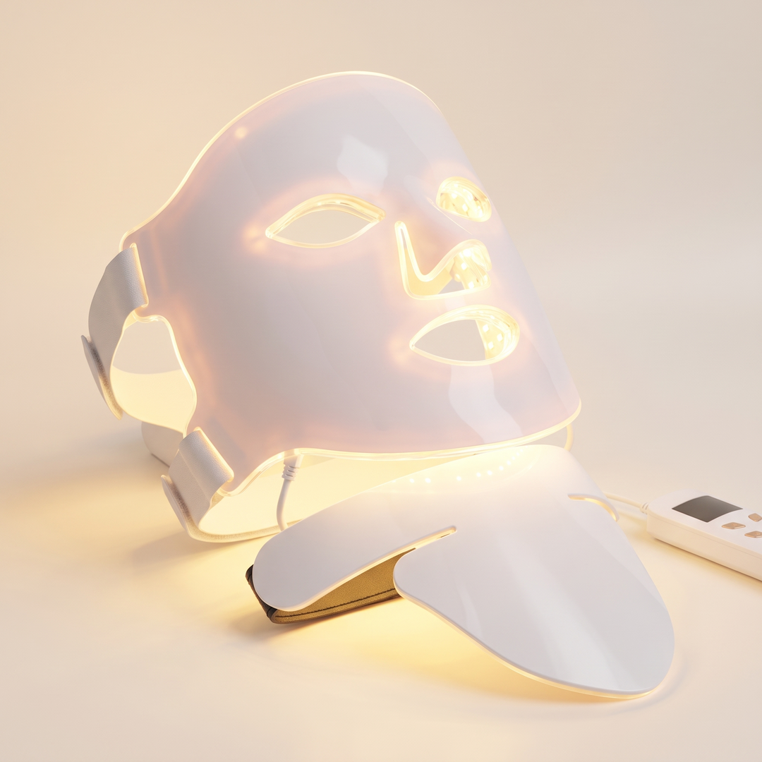 Professional LED Face &amp; Neck Light Therapy Mask with neck attachment - side view showing neck panel coverage