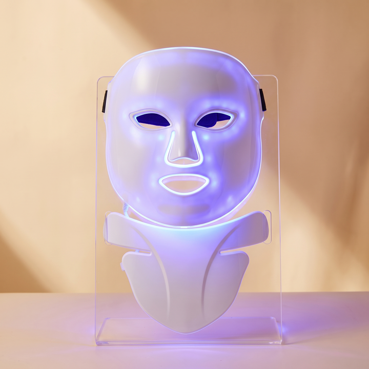 Professional LED Face &amp; Neck Light Therapy Mask with neck attachment, violet-blue LED light mode showcasing multi-colour light therapy options