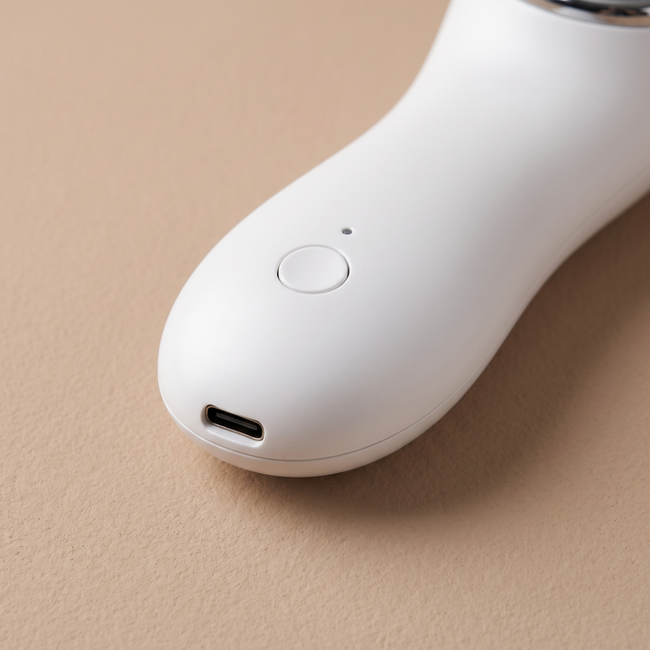 Professional LED Light Therapy Face Neck Massager - back view showing control button and USB-C port