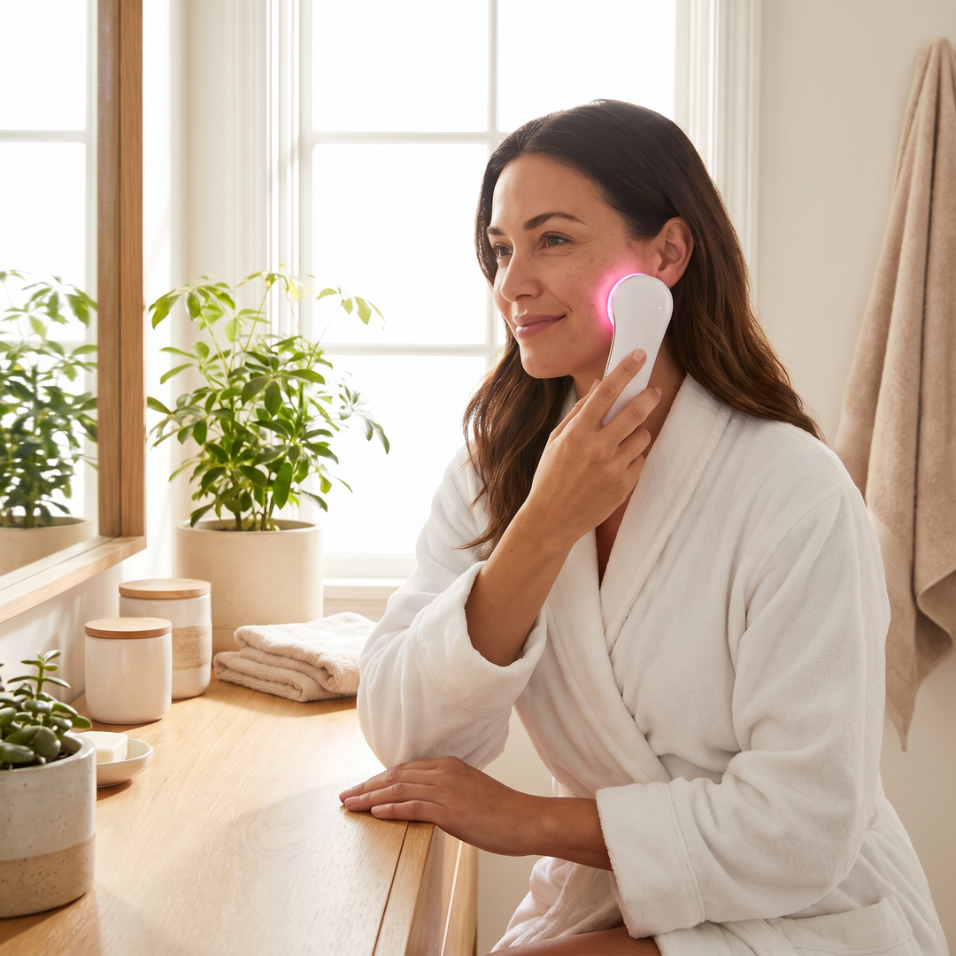 Professional LED Light Therapy Face Neck Massager - at-home skincare routine, pink LED glow on cheek