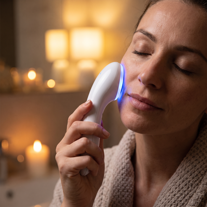 Professional LED Light Therapy Face Neck Massager - close-up blue LED glow on skin
