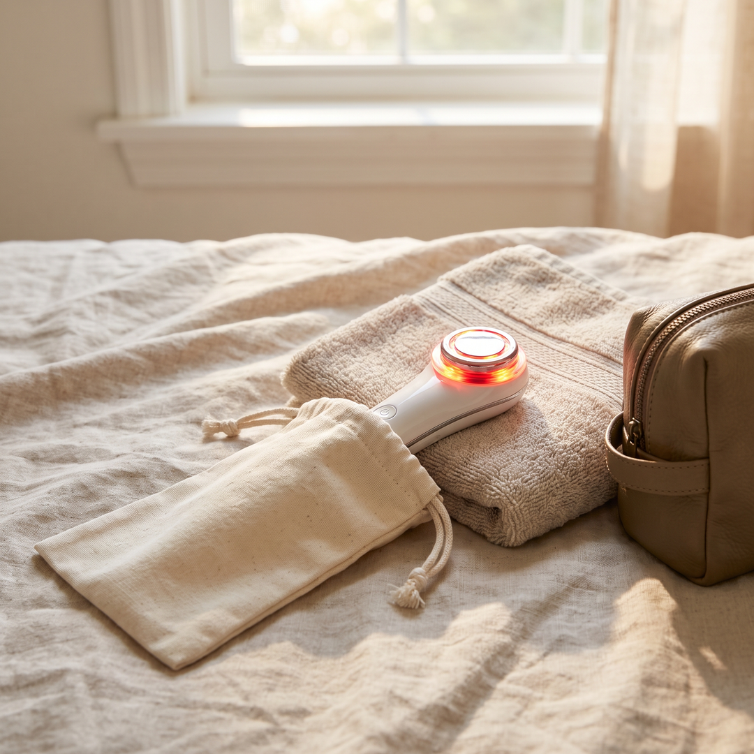 Professional LED Light Therapy Face Neck Massager - portable travel pouch for on-the-go use