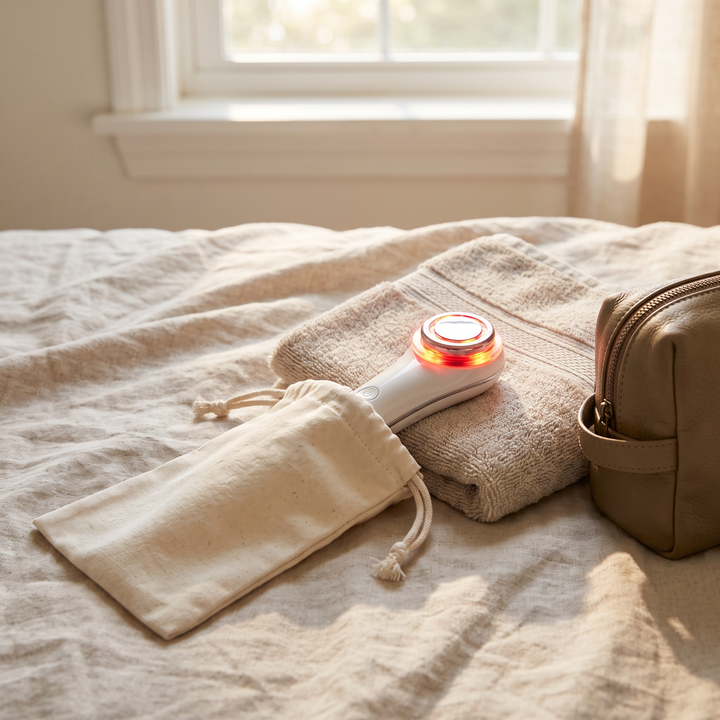Professional LED Light Therapy Face Neck Massager - portable travel pouch for on-the-go use
