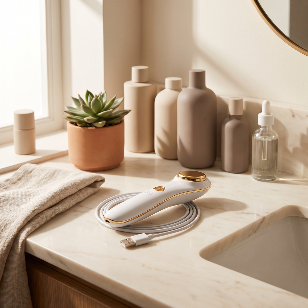 Professional LED Light Therapy Face Neck Massager - resting on vanity counter with skincare products