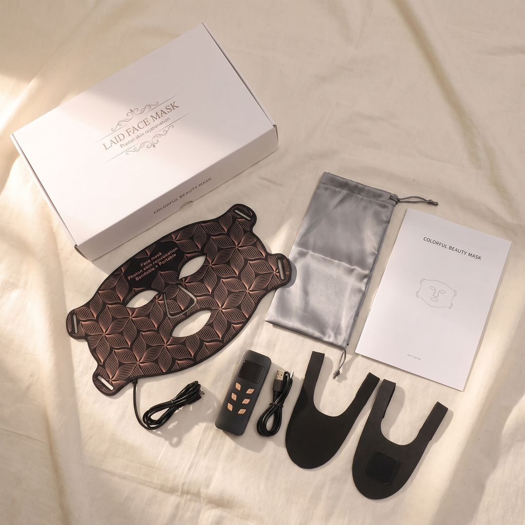 Professional LED Face &amp; Neck Light Therapy Mask flat lay with retail box, cable, and instruction guide