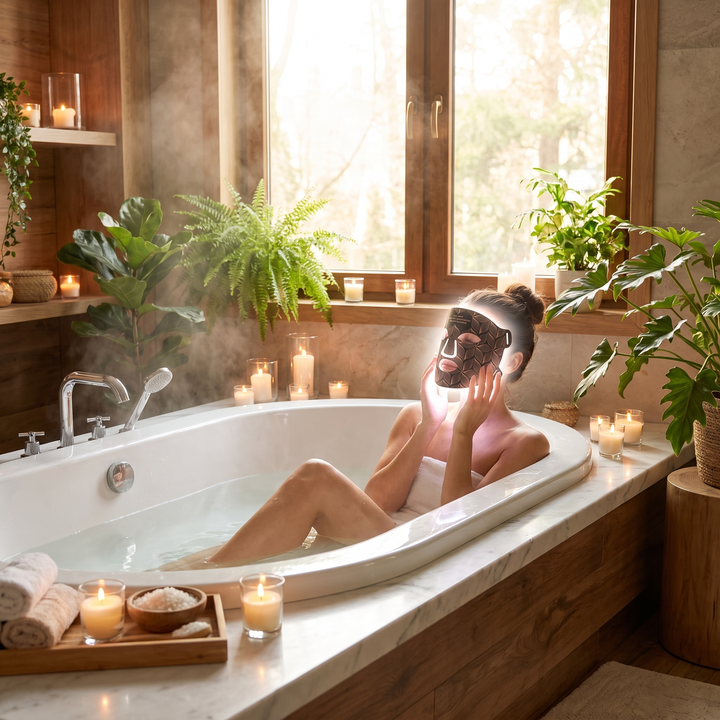 Woman wearing Professional LED Face &amp; Neck Light Therapy Mask in spa-like bathroom setting