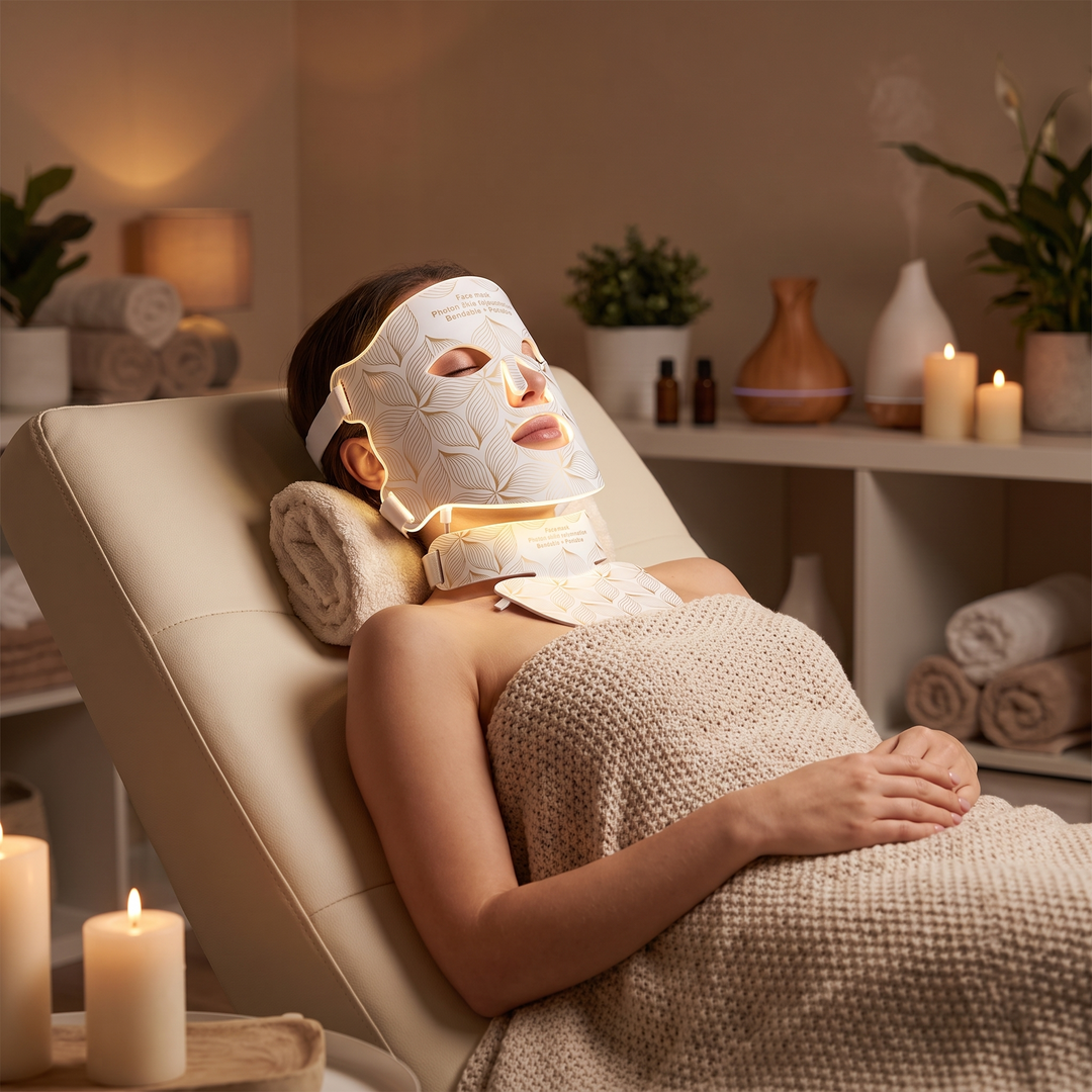 Woman wearing Professional LED Face &amp; Neck Light Therapy Mask with neck attachment, relaxing in spa lounge chair