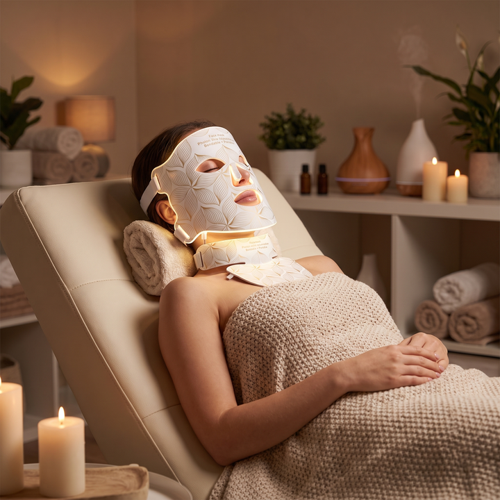 Woman wearing Professional LED Face &amp; Neck Light Therapy Mask with neck attachment, relaxing in spa lounge chair