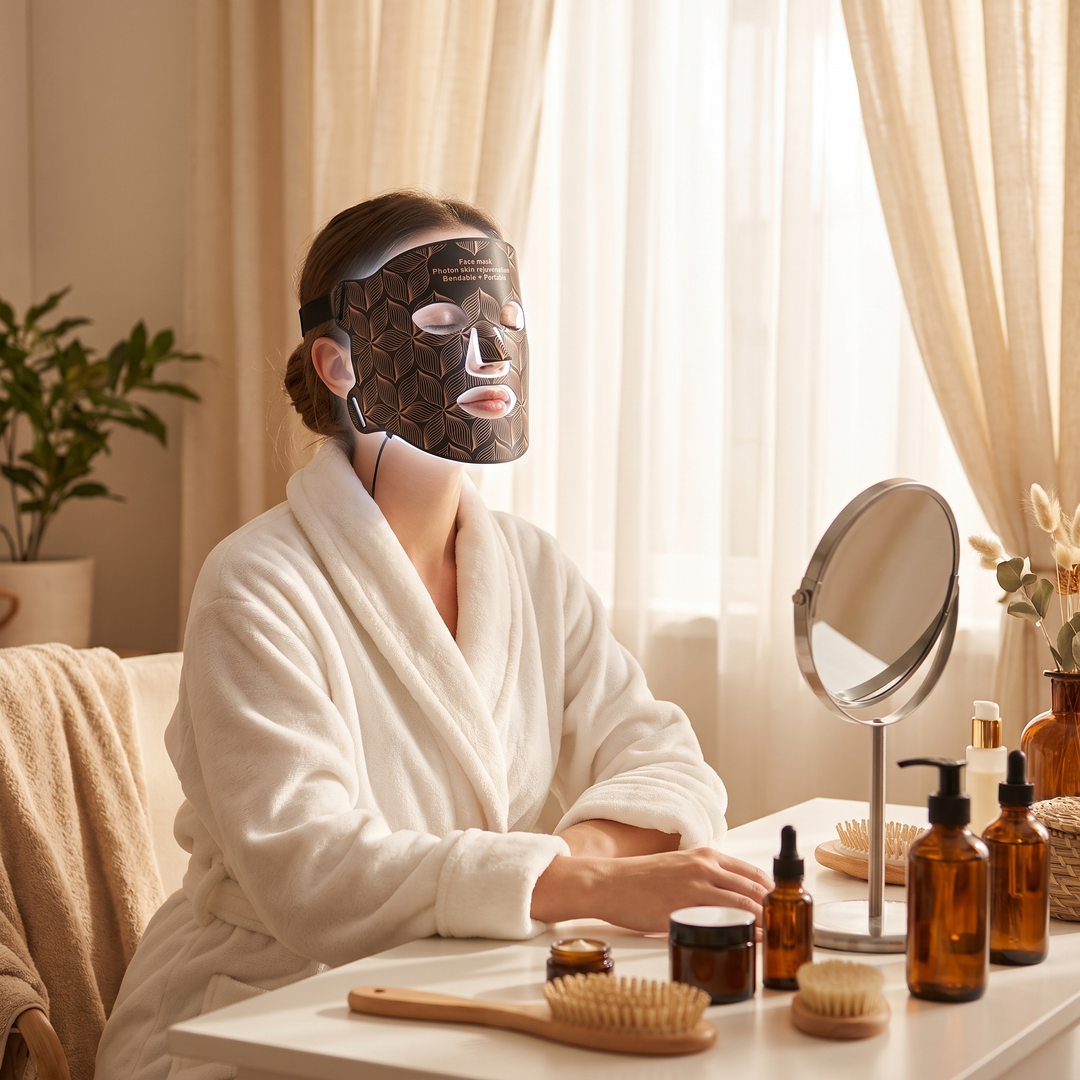 Woman at vanity table wearing Professional LED Face &amp; Neck Light Therapy Mask, at-home skincare ritual