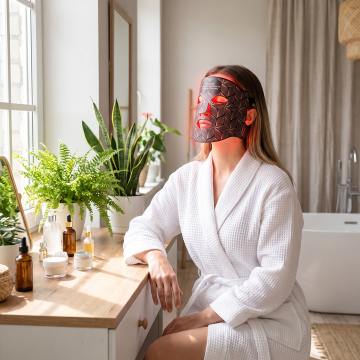 Woman wearing Professional LED Face &amp; Neck Light Therapy Mask at bathroom vanity, relaxing at-home skincare ritual