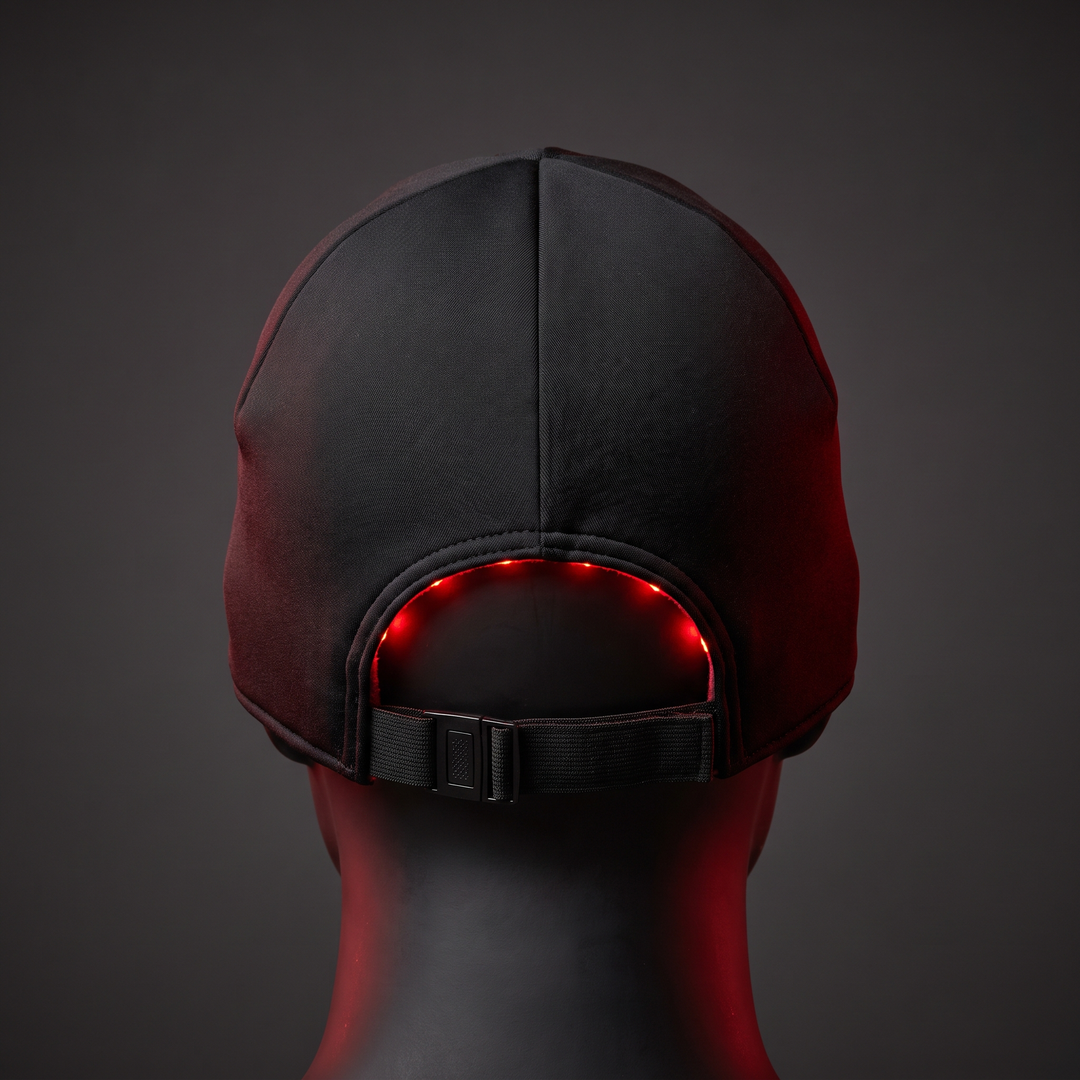 LED Red Light Scalp Care Cap for Hair Care Routine - Black Rear View with Adjustable Strap