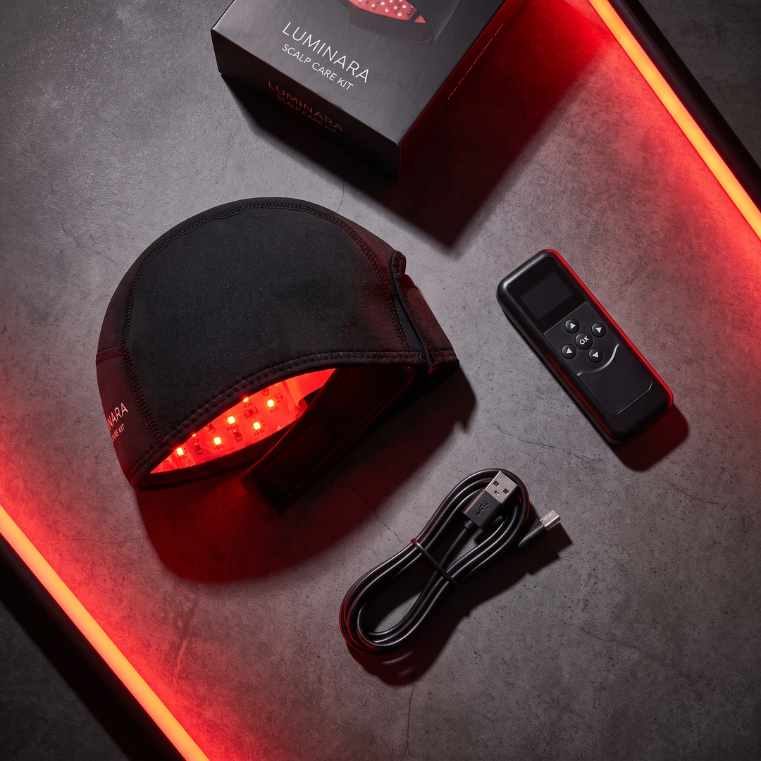 LED Red Light Scalp Care Cap for Hair Care Routine - Black Kit Contents Flat Lay