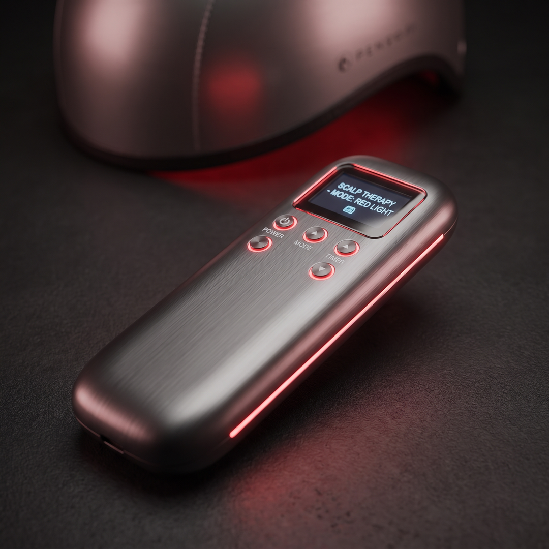 LED Red Light Scalp Care Cap for Hair Care Routine - Handheld Control Unit Close-Up
