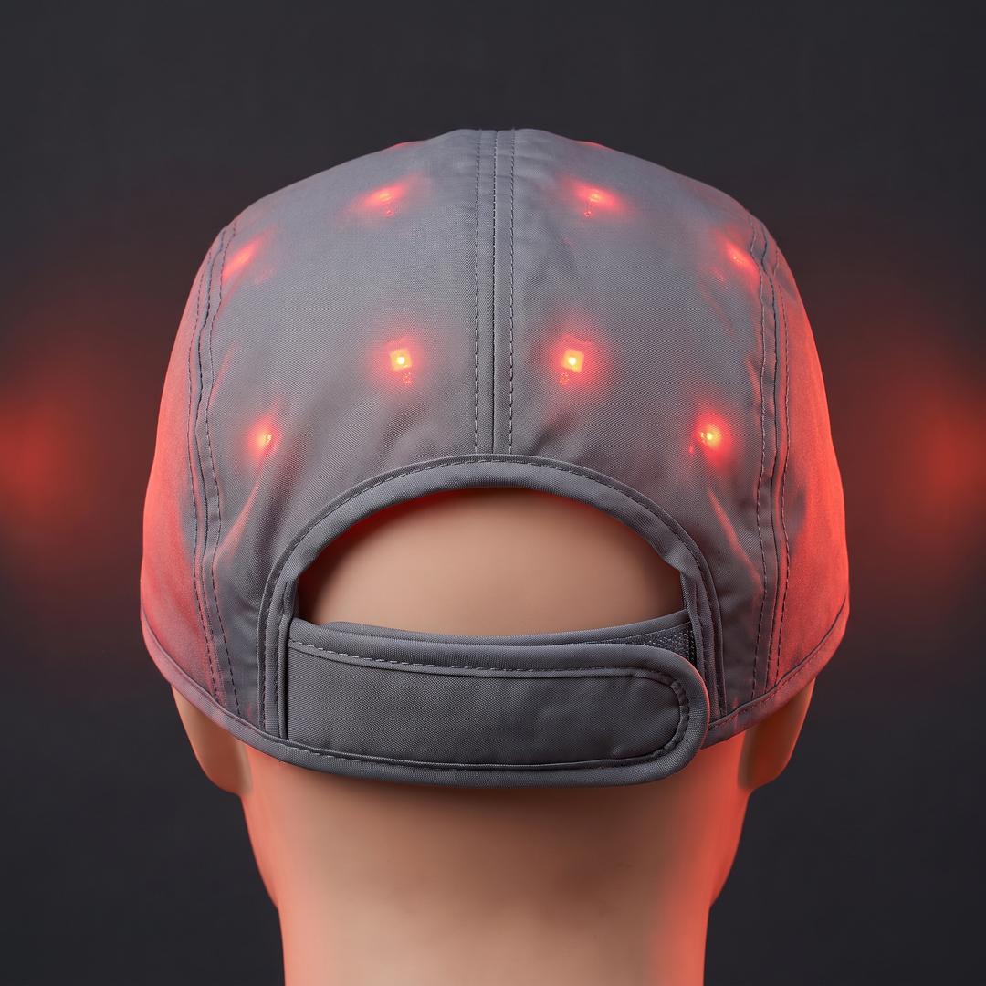 LED Red Light Scalp Care Cap for Hair Care Routine - Grey Rear View with Adjustable Strap