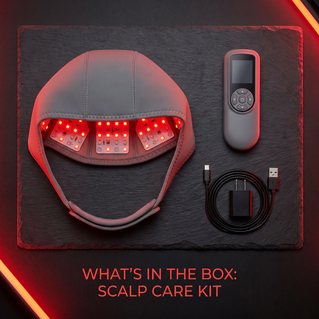 LED Red Light Scalp Care Cap for Hair Care Routine - Grey Kit Contents Flat Lay