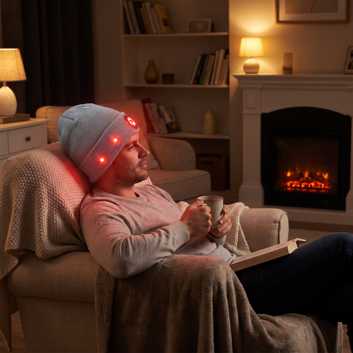 LED Red Light Scalp Care Cap for Hair Care Routine - Grey Cap Worn During Home Wellness Routine