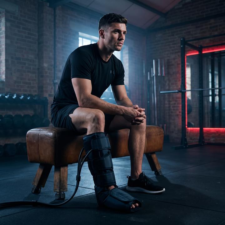 Athlete using the air compression leg wrap for post-workout recovery