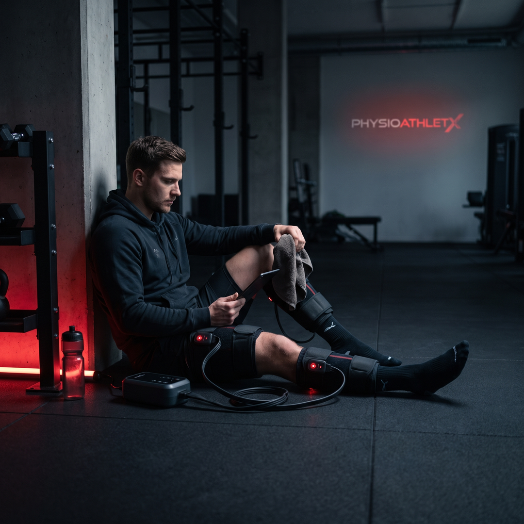 Matching leg recovery wraps used post-workout on the gym floor