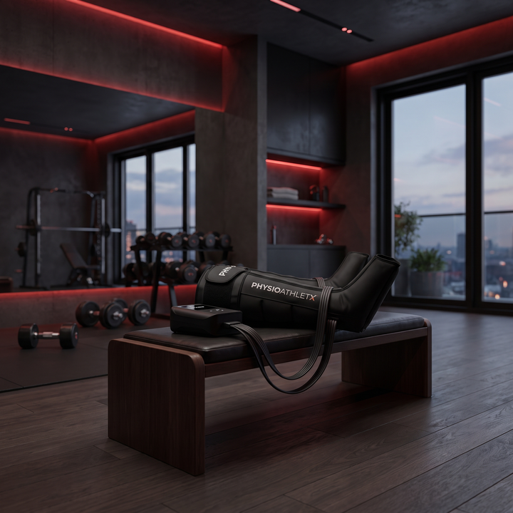 Recovery wrap device styled in a home gym setting
