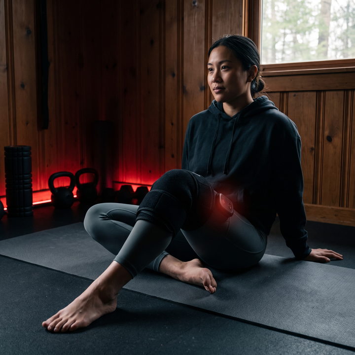 Air compression wrap secured around the knee during an at-home recovery session