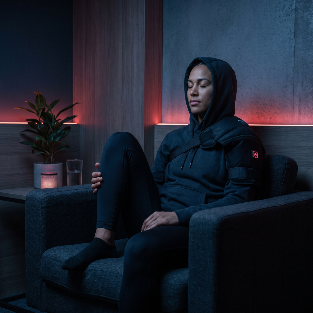 Heated recovery wrap secured around the shoulder during a relaxed recovery session