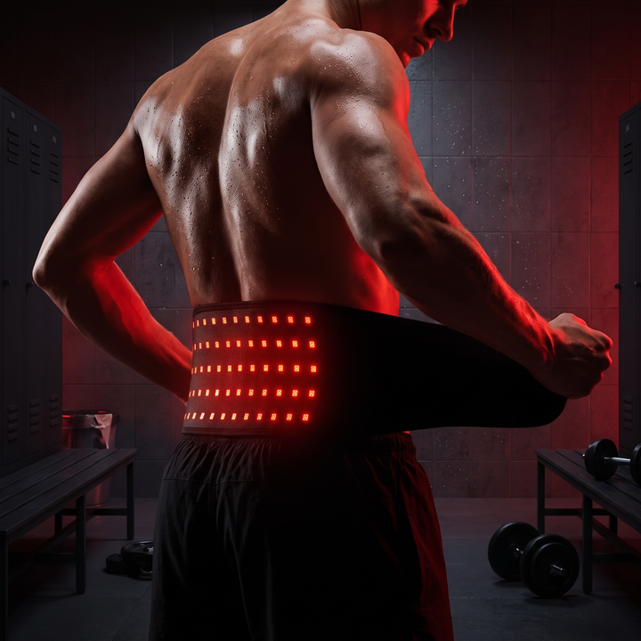 Athlete wrapping the heat wrap belt around their waist in a gym locker room, recovery lifestyle