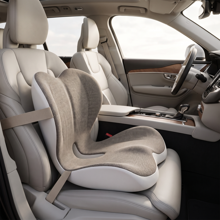 Ergonomic lumbar support seat cushion, beige gray, mounted on a car passenger seat