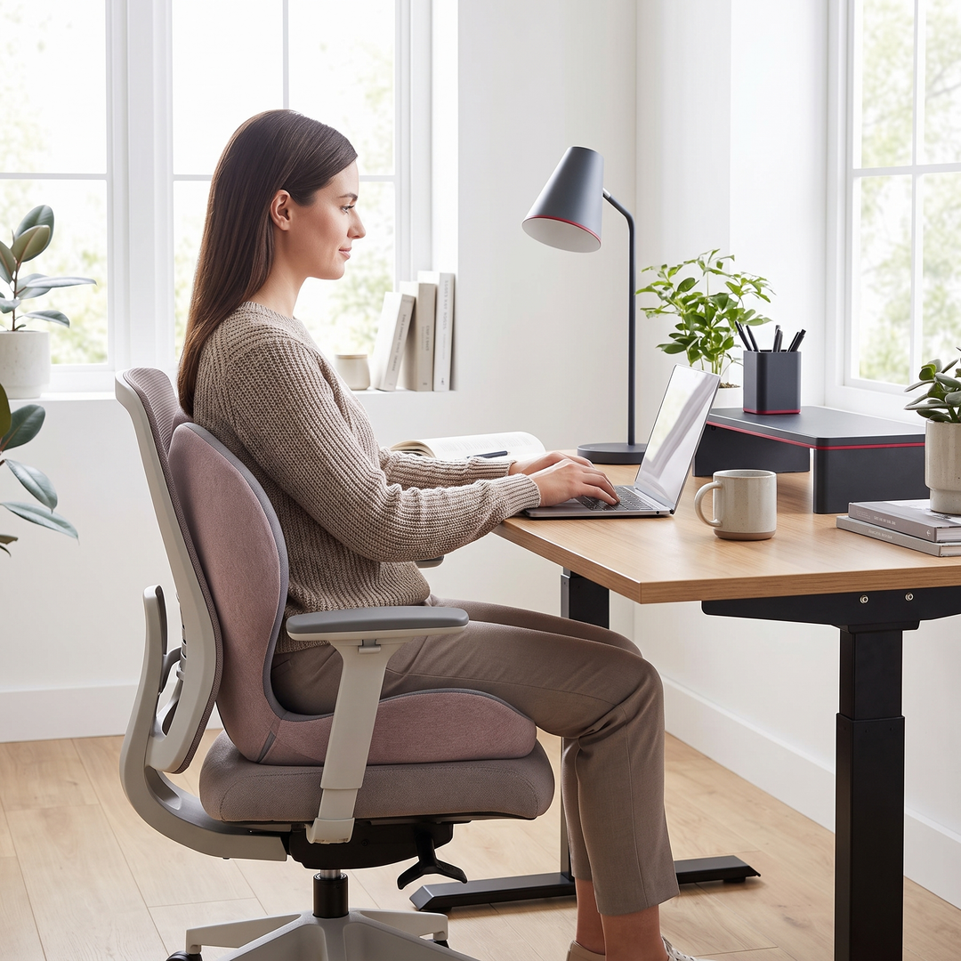 Ergonomic lumbar support seat cushion, pink gray, on an ergonomic desk chair in a home office