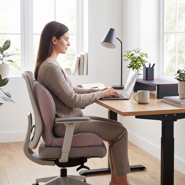 Ergonomic lumbar support seat cushion, pink gray, on an ergonomic desk chair in a home office
