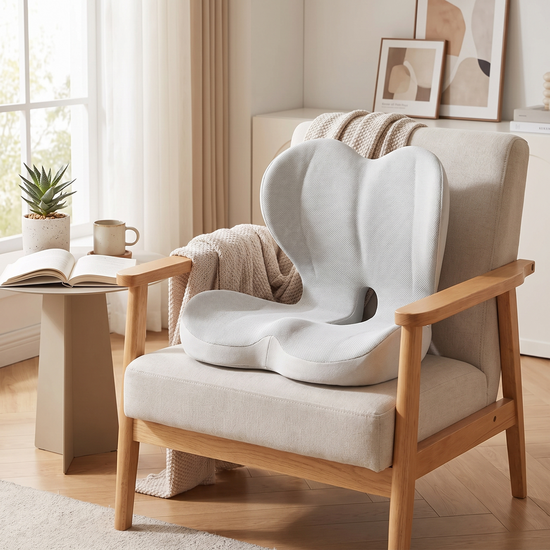 Ergonomic lumbar support seat cushion, light gray, on an armchair in a cozy home reading nook
